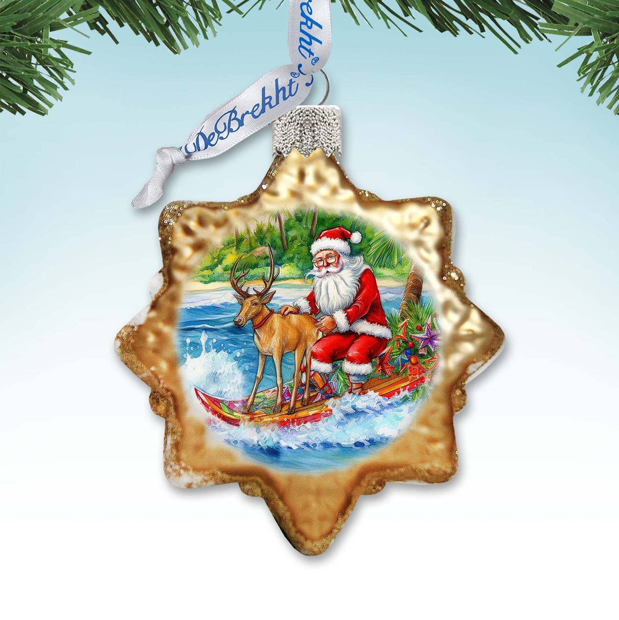Coastal Decorations - Santa Claus Surfing Keepsake Glass Ornaments by G. Debrekht - Christmas Decor - 777419