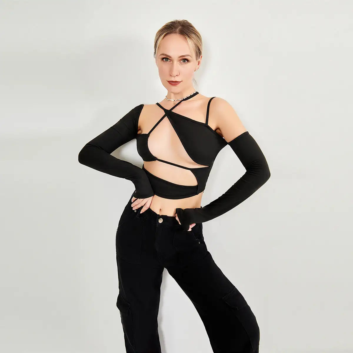 Long Sleeve Top Cut Out Asymmetrical Neck - Lootquake