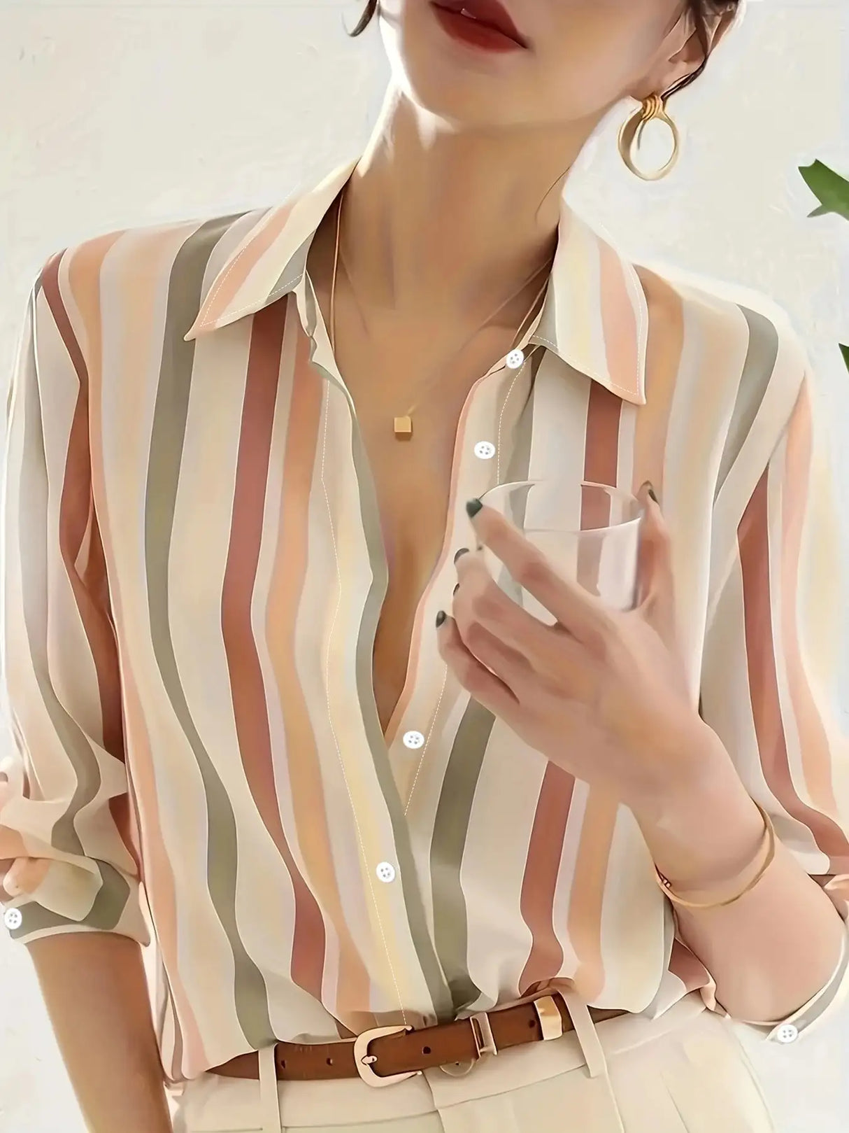 Ladies' Long-sleeved Striped Printed Versatile Casual Shirt - Lootquake