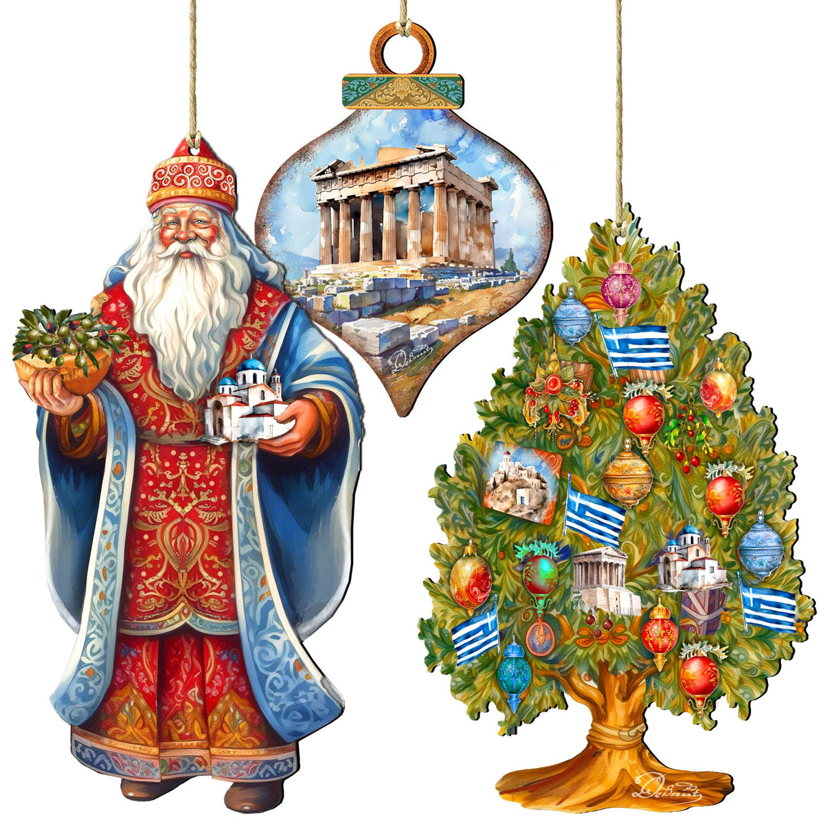 Santas Around the World - Greece Inspired Santa - Wooden Ornaments Set of 3 by G. DeBrekht Christmas Santa Snowman Decor - 8091316S3