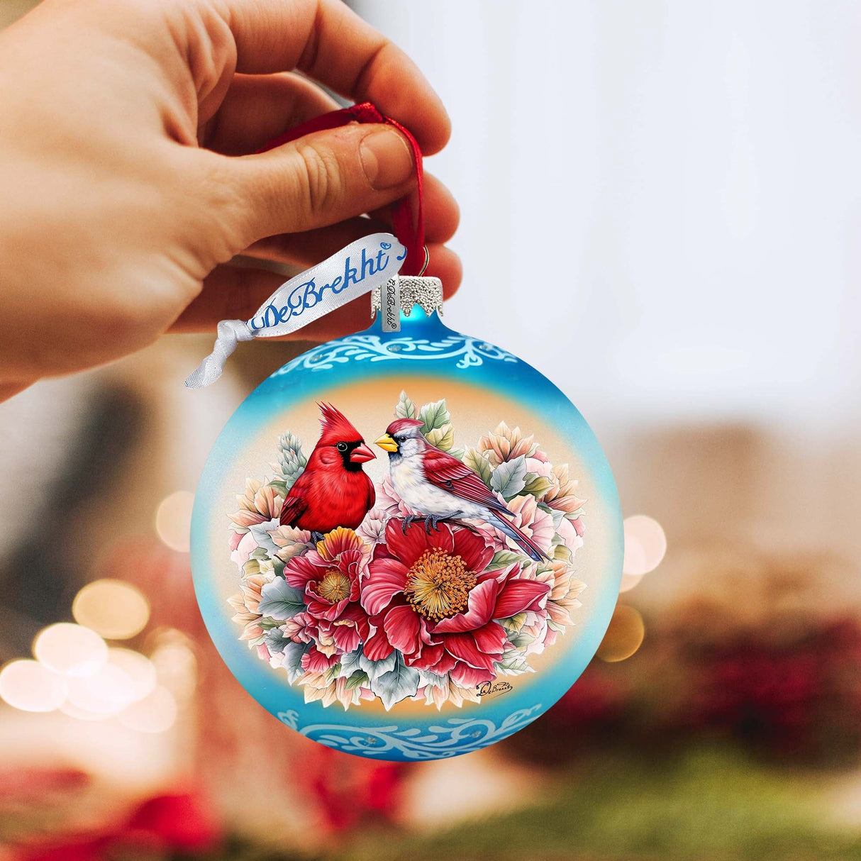 Adorno navideño de cristal con forma de bola de cardenales románticos de G. Debrekht - Decoración navideña - 73378