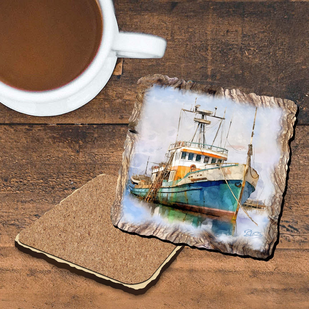 Fishing Boats Wooden Cork Coasters Gift Set of 4 by Nature Wonders Coastal Nature Wildlife Decor - 95402C-S4