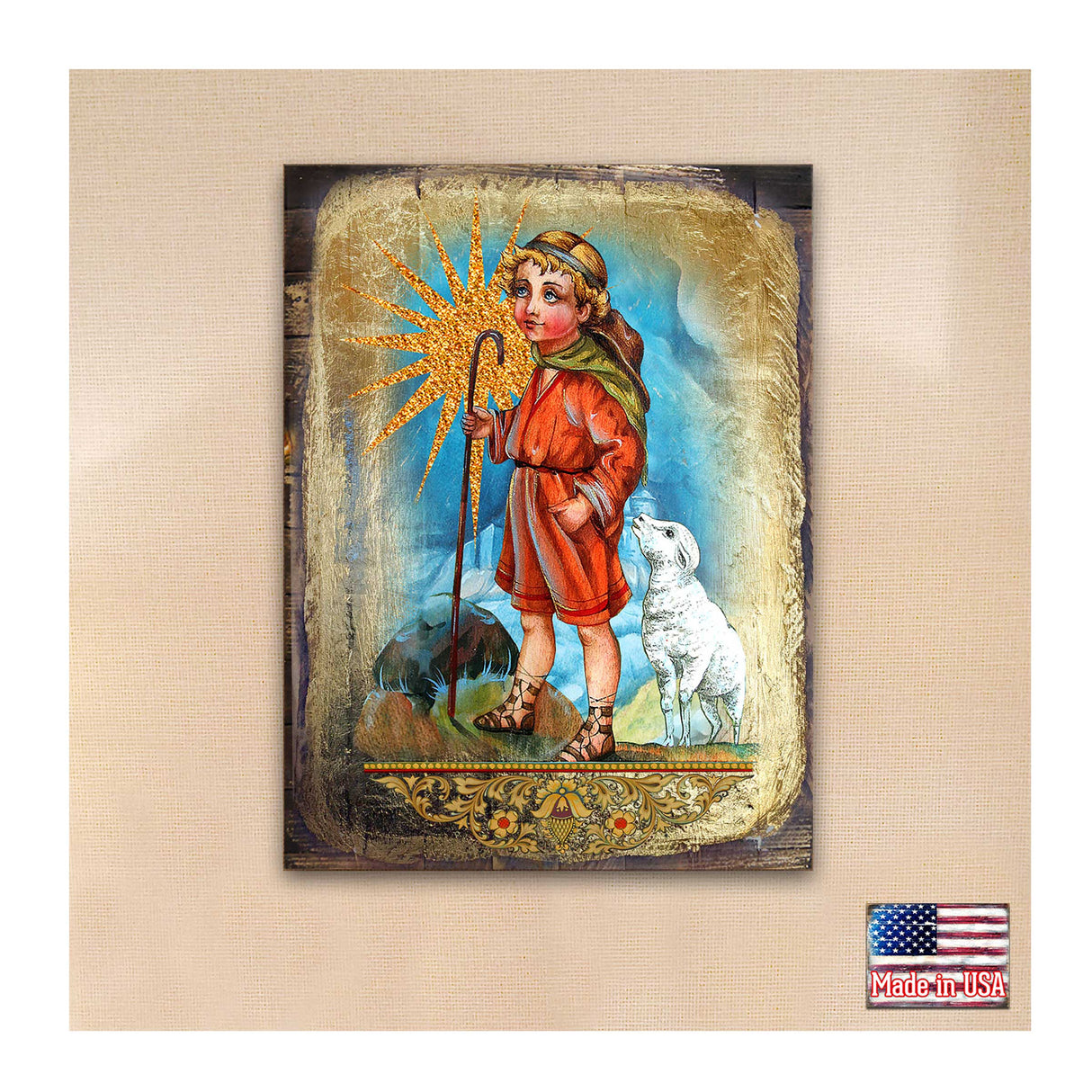 Icono religioso cristiano sagrado de madera de pastor bañado en oro - Decoración inspiradora - 85045