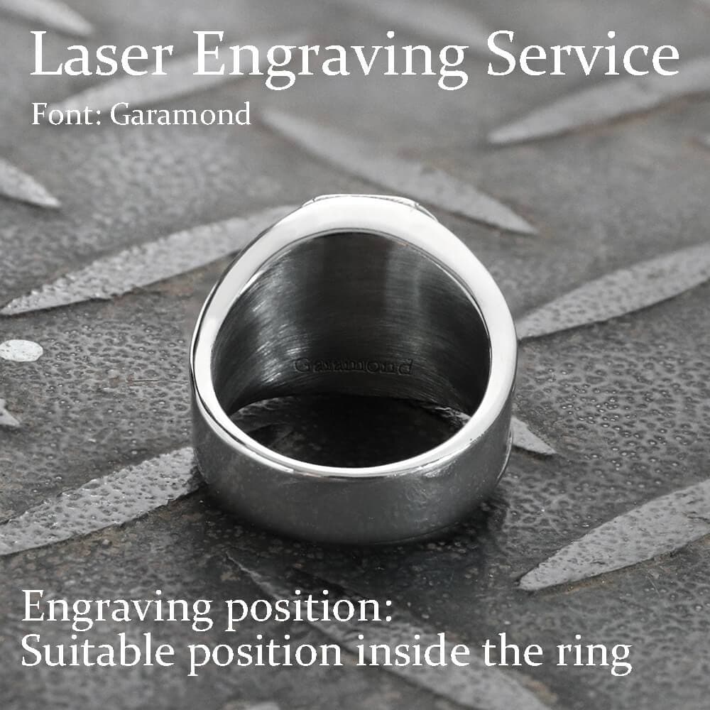 Anillo de acero inoxidable con gema negra y símbolo de Lucifer