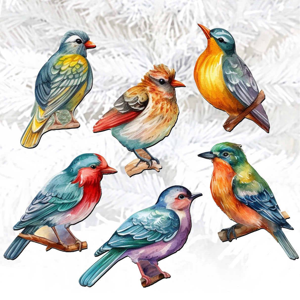 Forest birds Decorative Wooden Clip-on Ornaments of 6 by G. Debrekht - Christmas Decor - 8090015C-S6