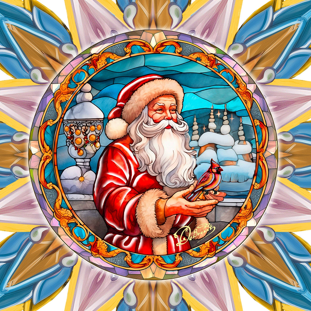 Santa with Cardinal Star Tree Topper Wooden Decor by G. Debrekht - Santa Snowman Decor - 89507