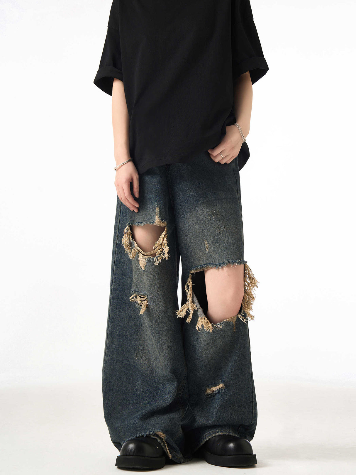 Couple Hole Worn Jeans Wide-leg Pants - Lootquake