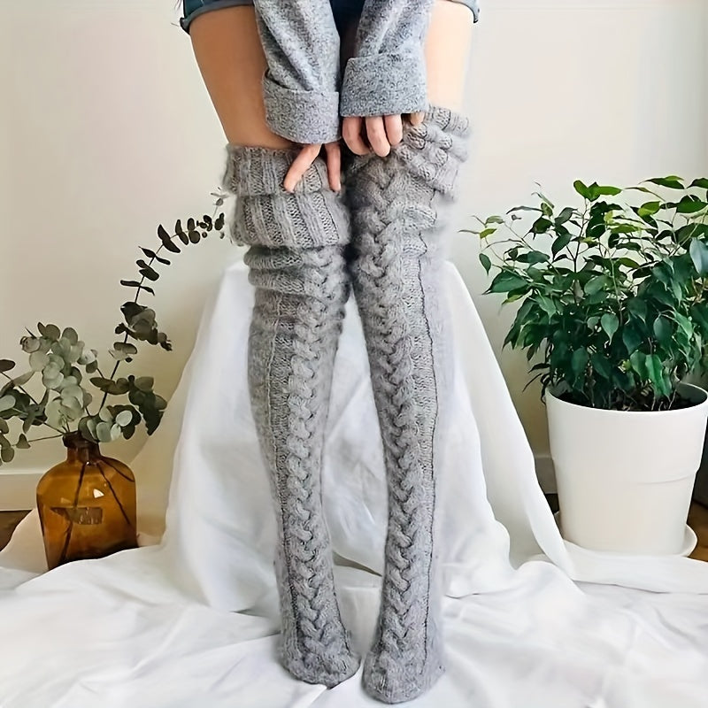 Cozy Cable Knitted Thigh High Socks - Soft & Stylish Over Knee Stockings for Women - Winter Warmth, Perfect Fit, One Size