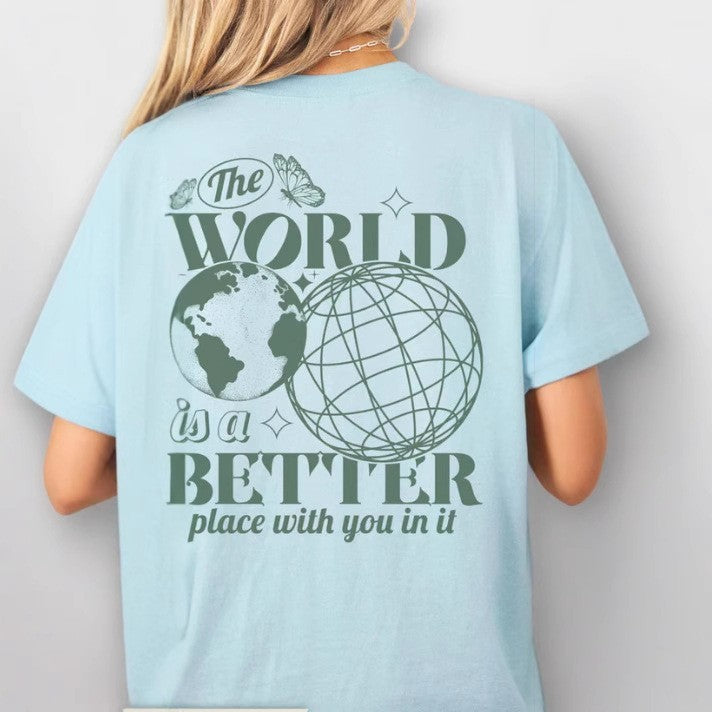 Camiseta de algodón con letras impresas en 2D, cielo estrellado y tierra