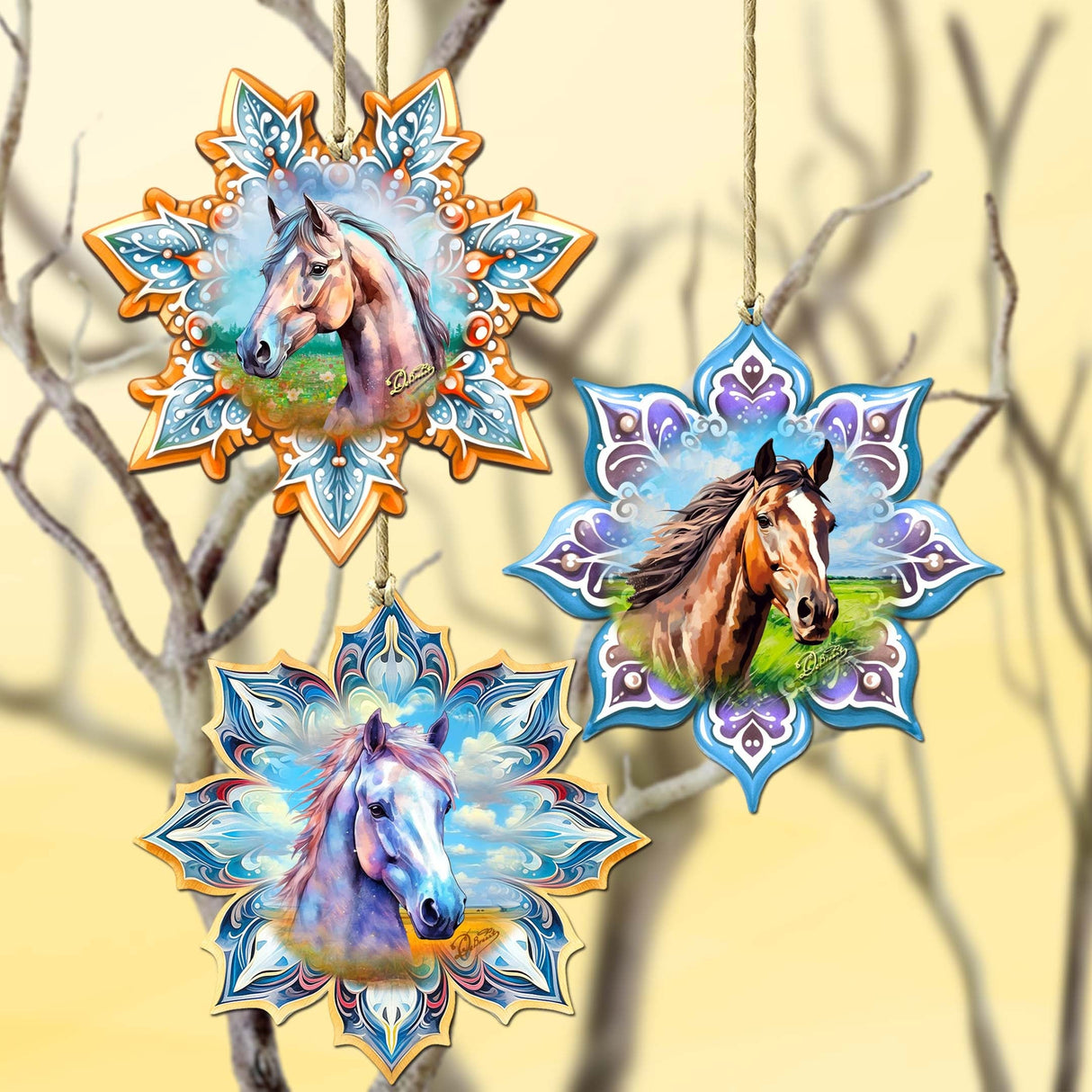 Horses Snowflake Wooden Ornaments Set of 3 by G. Debrekht - Nature Wildlife Decor - 8090151-S3