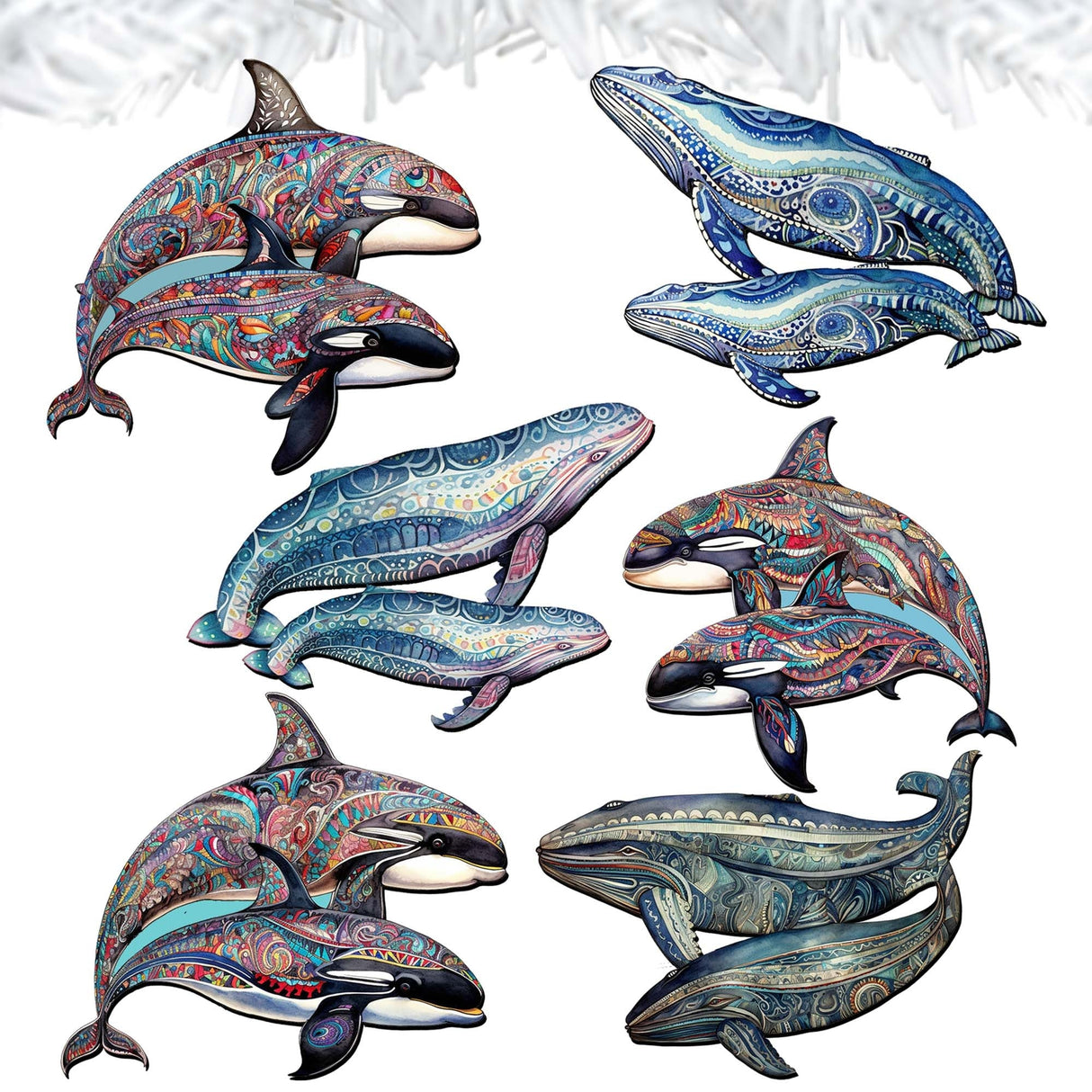 Embracing Whales Decorative Wooden Clip-on Ornaments Set of 6 by G. Debrekht - Wildlife Decor - 8090107C-S6