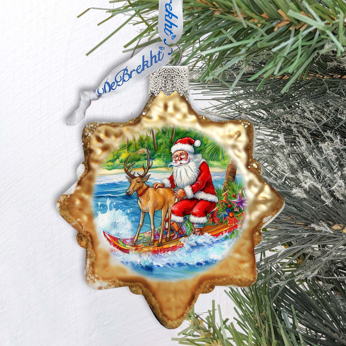 Coastal Decorations - Santa Claus Surfing Keepsake Glass Ornaments by G. Debrekht - Christmas Decor - 777419