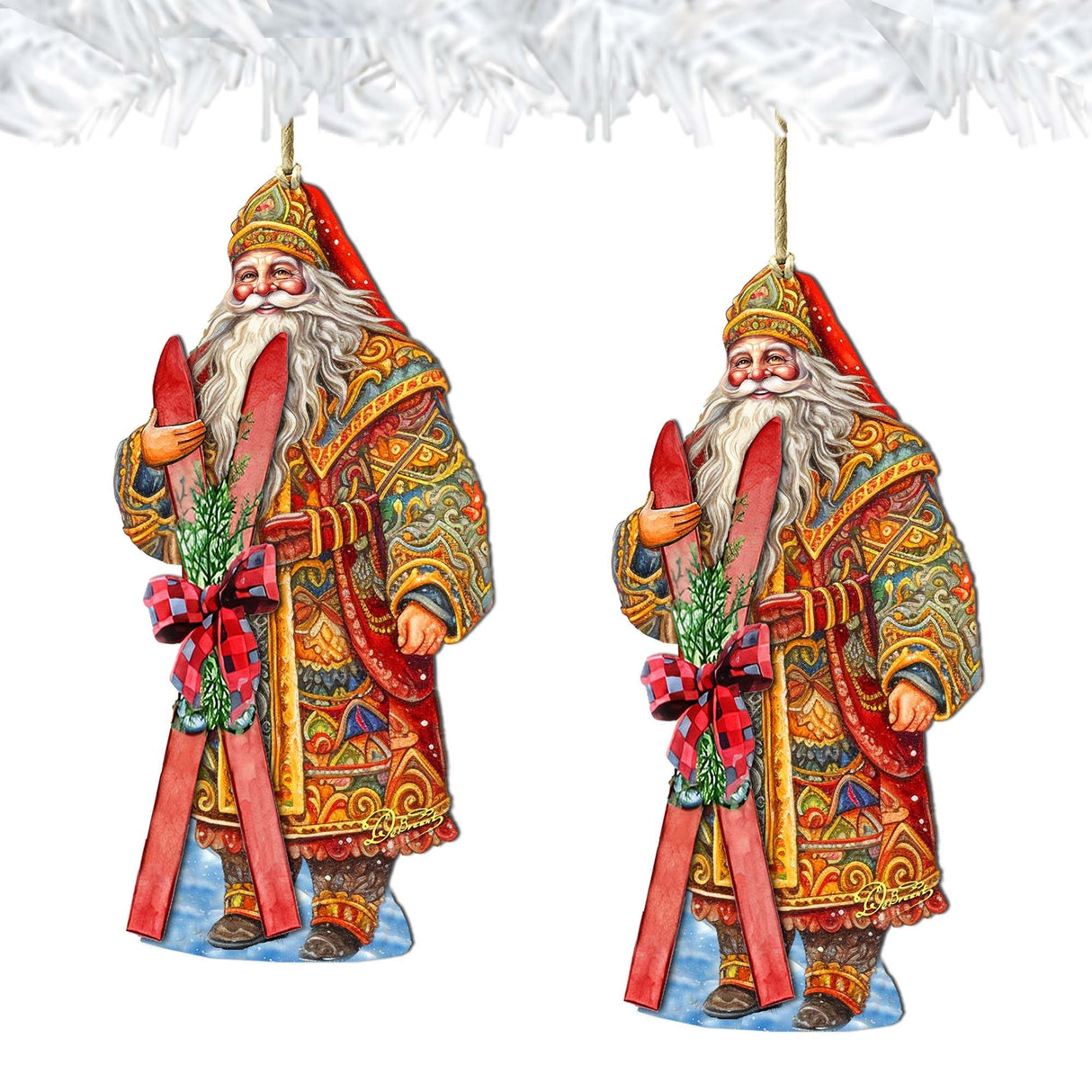 Adornos de madera "Aventura de esquí de Papá Noel" de G. Debrekht - Decoración navideña de muñeco de nieve de Papá Noel - 8691403