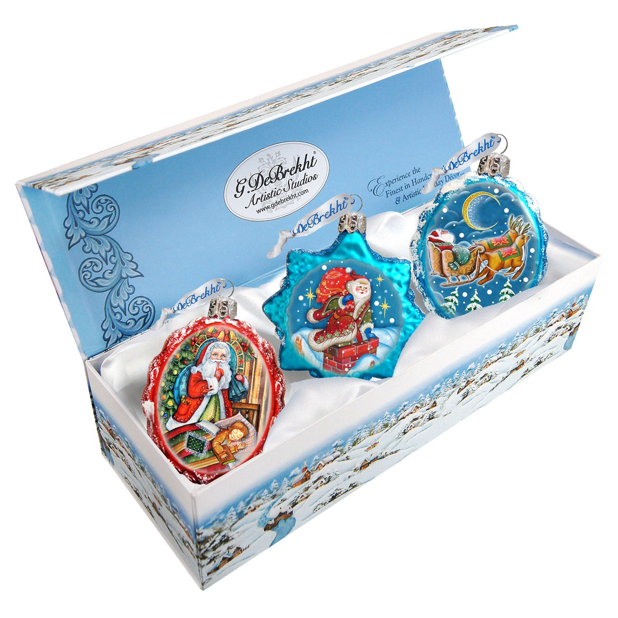 Juego de 3 adornos navideños de vidrio de mercurio de G. DeBrekht - Decoración navideña de Papá Noel y muñeco de nieve - 770103S3