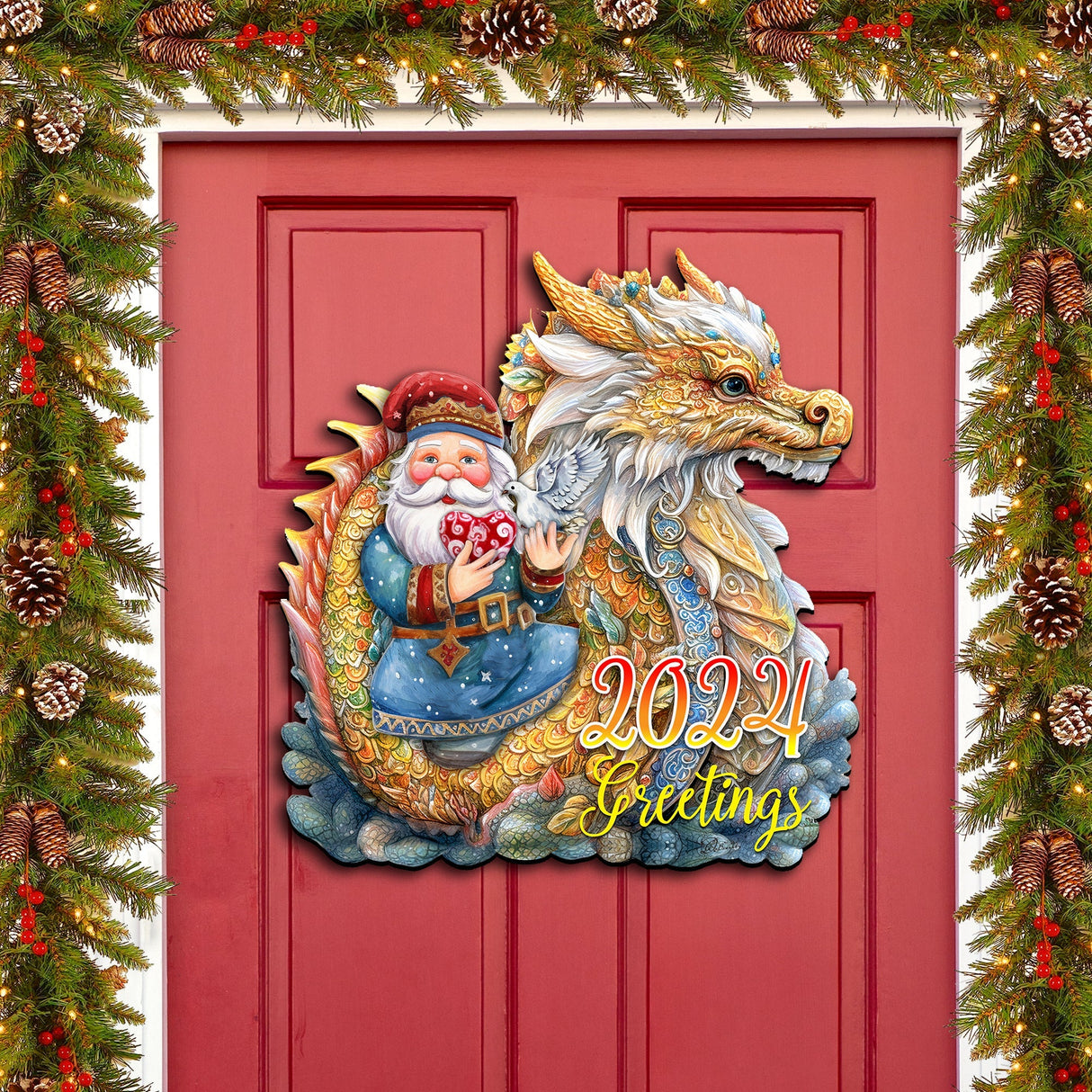 Decoración navideña para puerta con Papá Noel y dragón, fechada en 2024, de G. Debrekht - Decoración navideña con Papá Noel y muñeco de nieve - 8611088H
