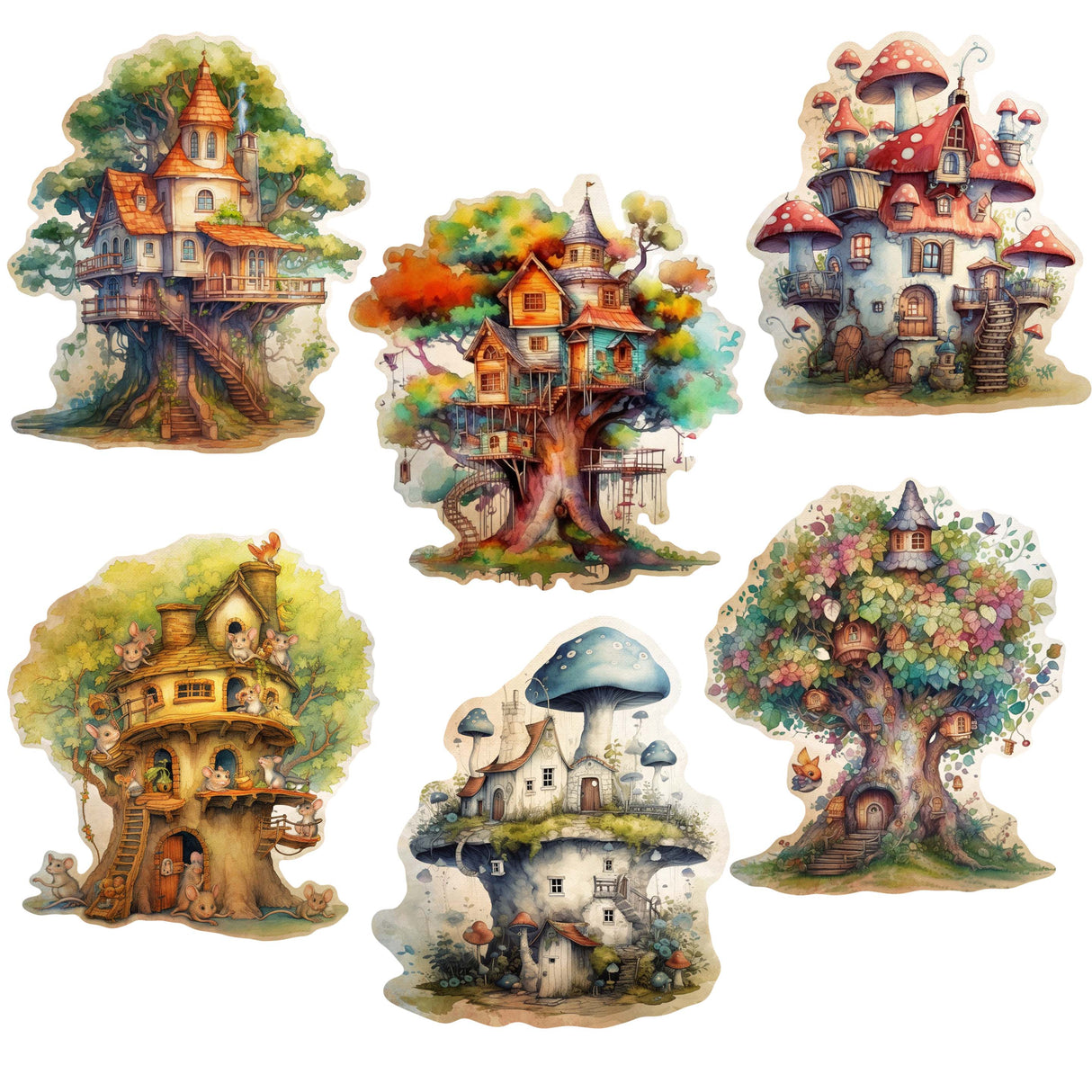 Juego de 6 imanes decorativos de madera con forma de casa del árbol de G. Debrekht - Decoración de Pascua y primavera - 8090026G-S6