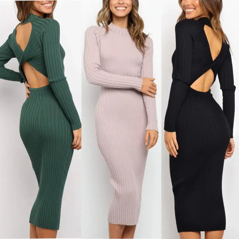 New Style Women's Suits Sweater Dresses Women's Solid Color Backless Bow Tight Dresses - Lootquake