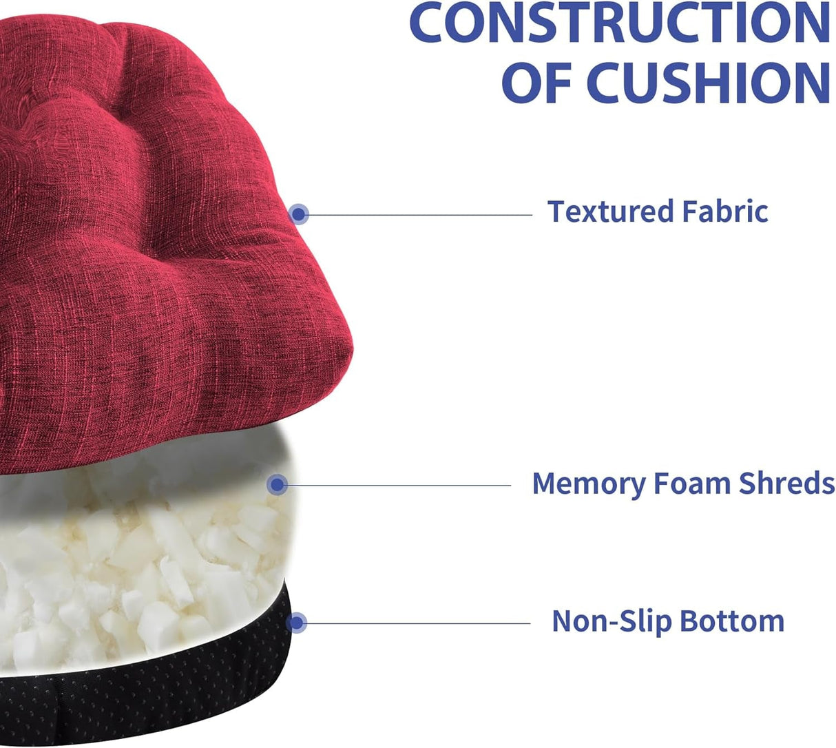 Chair Cushions for Dining Chairs Set of 4, Indoor Kitchen Chair Cushions with Ties and Non Slip Backing, Tufted Memory Foam Seat Cushions, Chair Pads 4 Pack, 15.5" X 15.5" X 4", Red-2