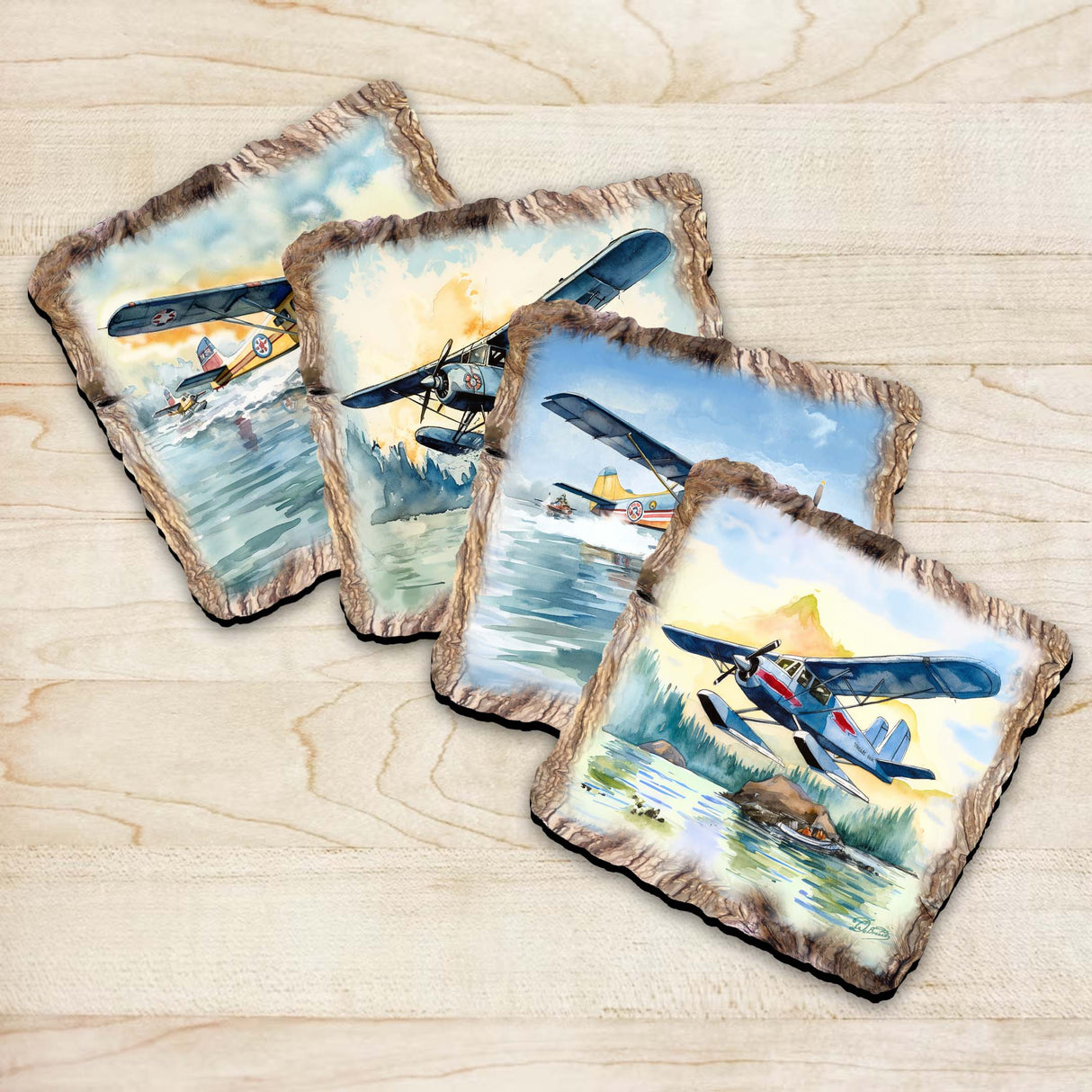Juego de 4 posavasos de corcho de madera con diseño de aviones de Nature Wonders Nature Wildlife Decor - 95403C-S4