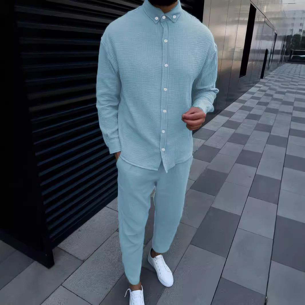 European And American Autumn Men's Wrinkle Bubble Casual Suit Long Sleeve Tooling Trousers - Lootquake