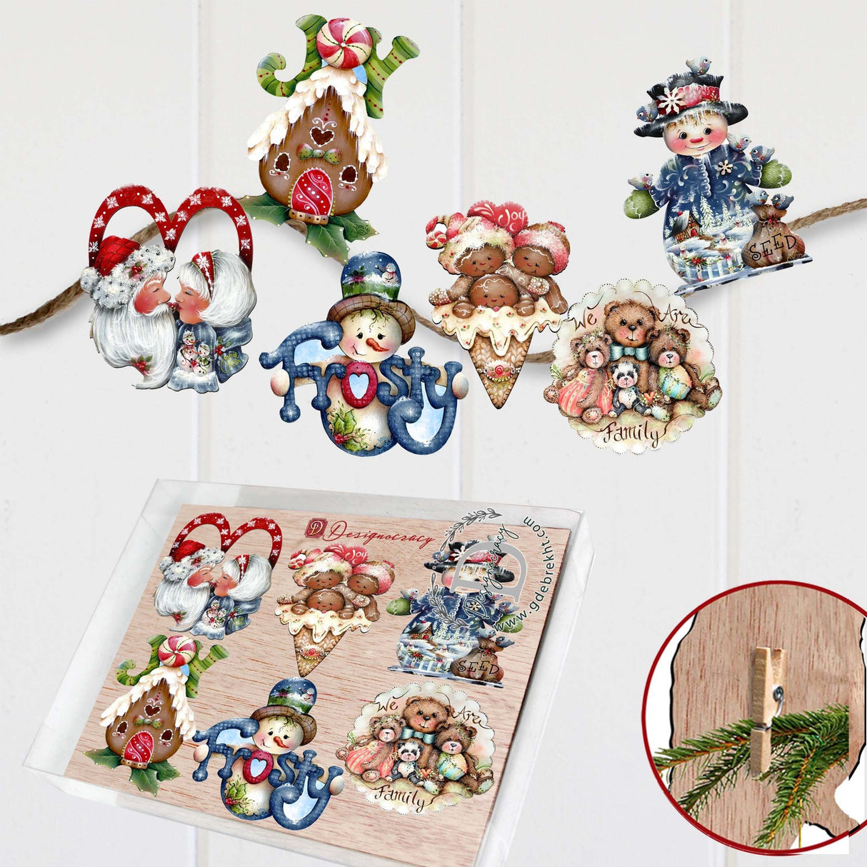 Merry Christmas Decorative Wooden Clip-on Ornaments Set of 6 by Jamie Mills-Price - Christmas Decor - 8090136C-S6