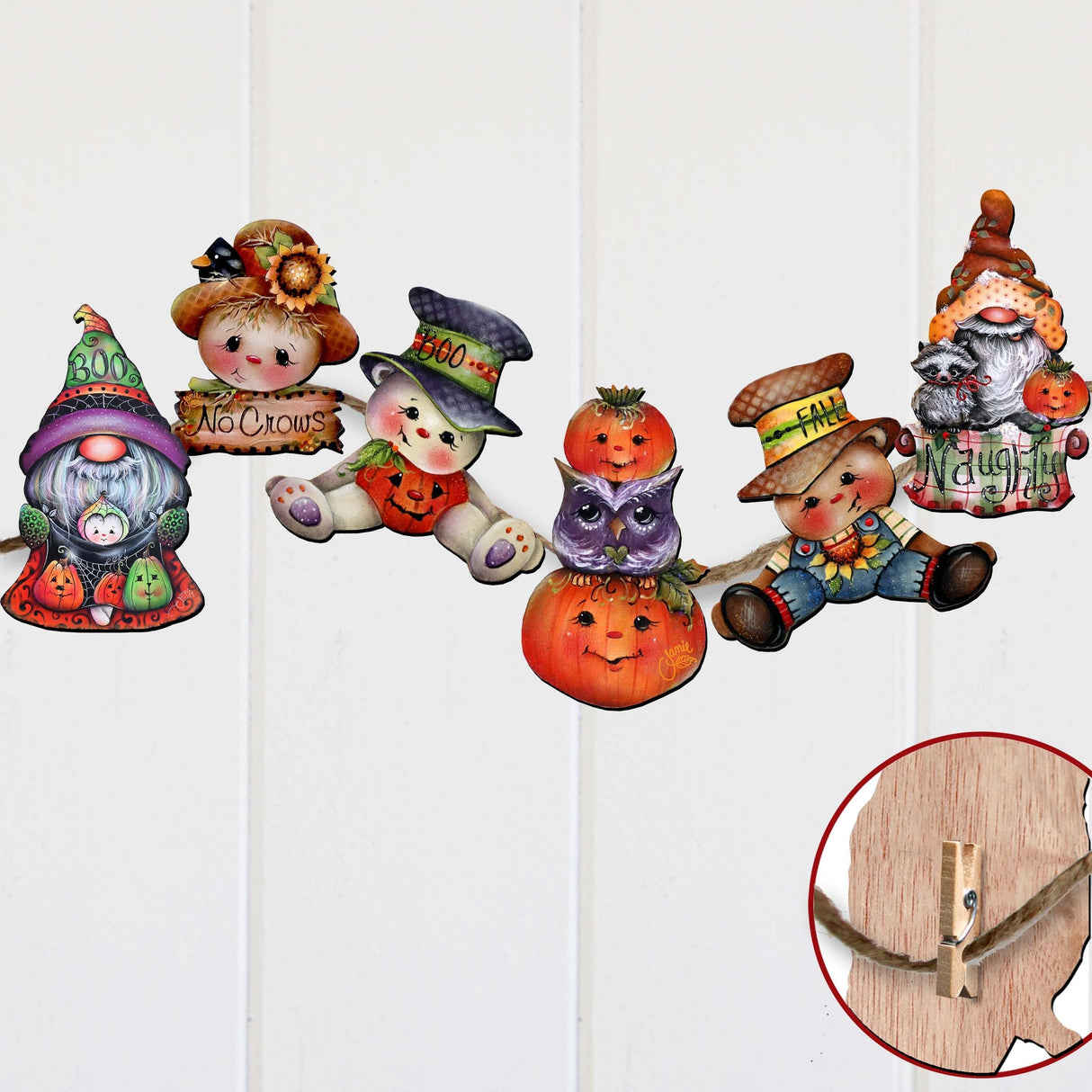 Hello Fall - Pumkin, Scarecrow, Gnome Decorative Wooden Clip-on Ornaments Set of 6 by Jamie Mills-Price - Thanksgiving Decor - 8090047C-MP-S6