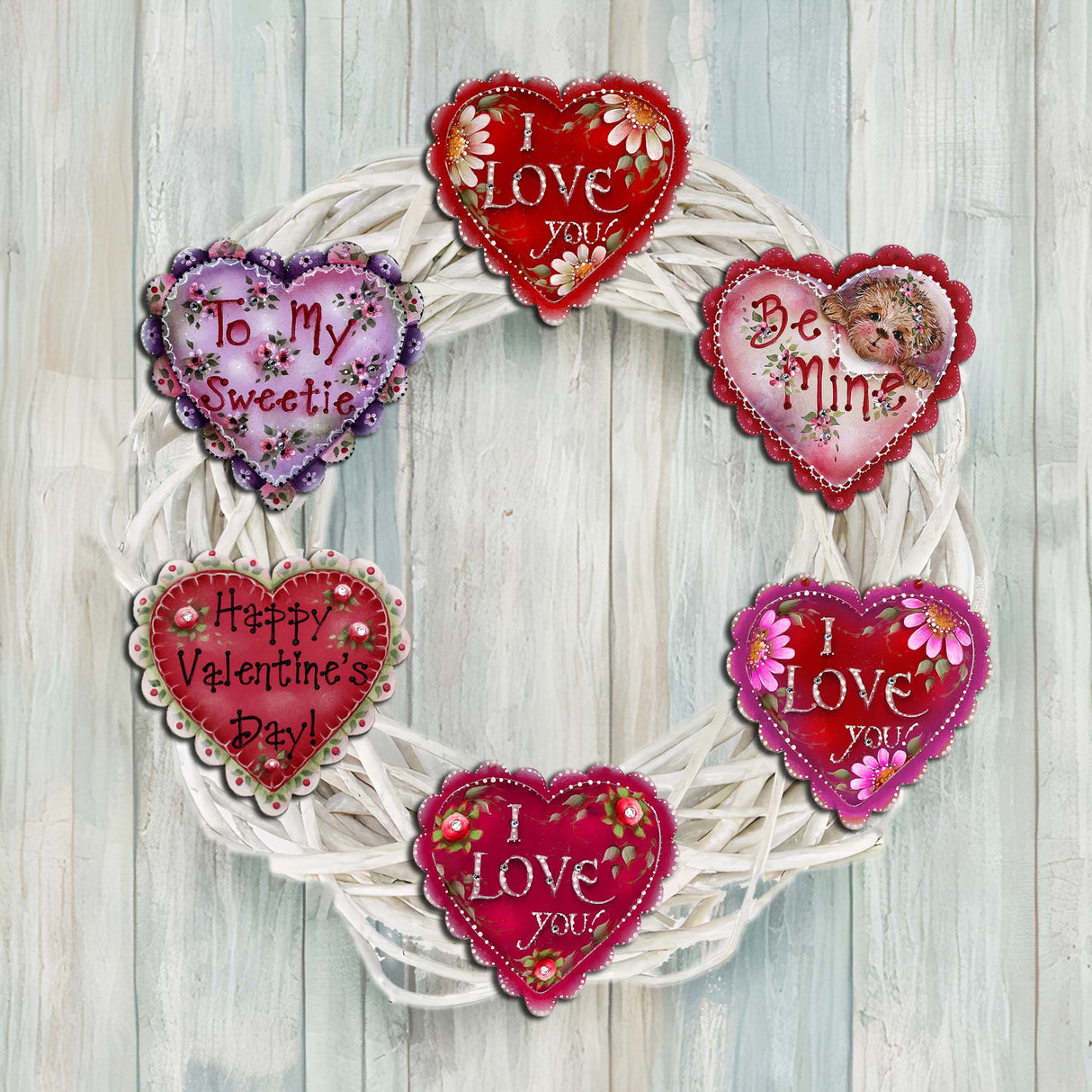 Hearts of Love Decorative Wooden Clip-on Ornaments Set of 6 - Family Love Decor - 8090128C-S6