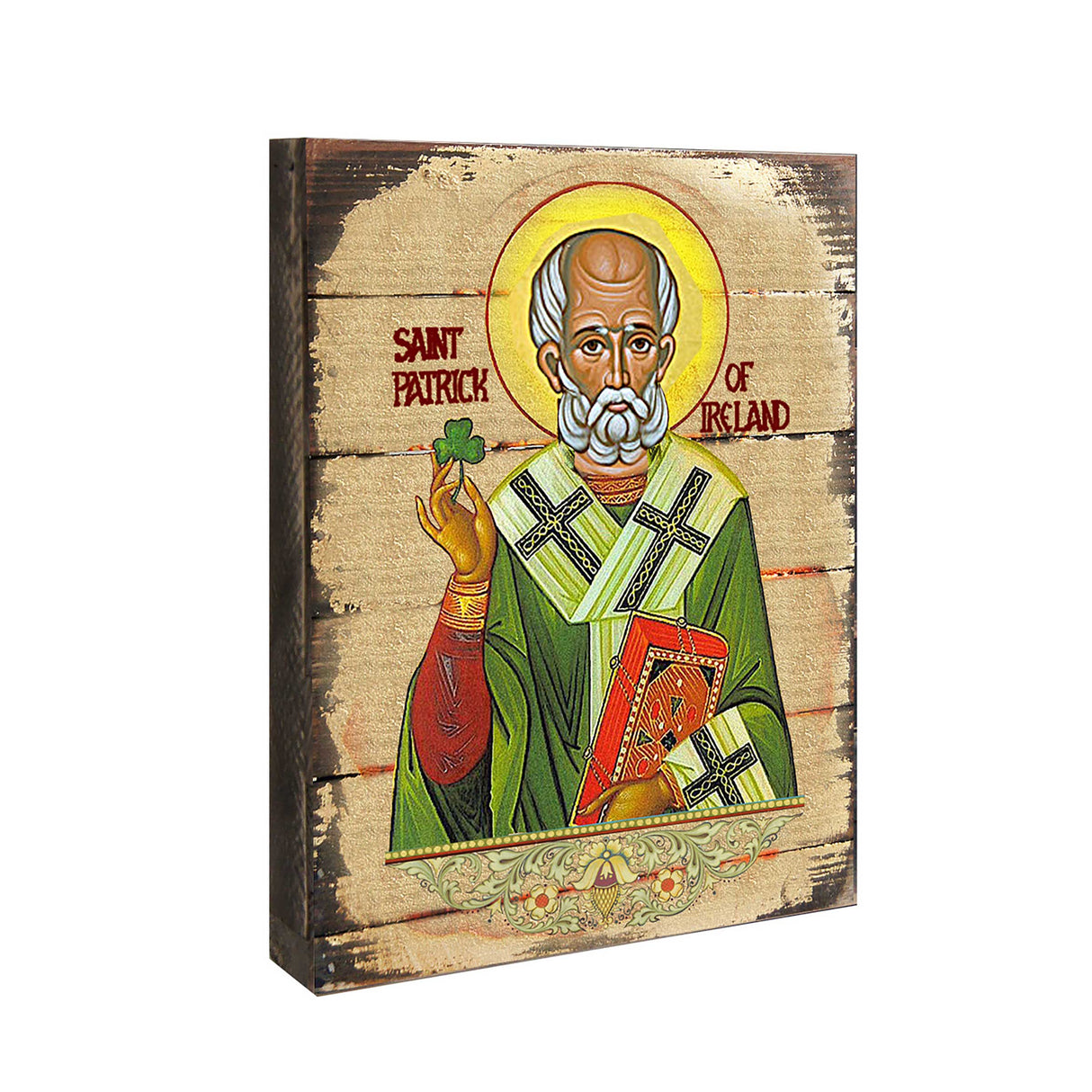 Icono religioso cristiano sagrado de San Patricio de madera bañado en oro - Decoración celta - 85060