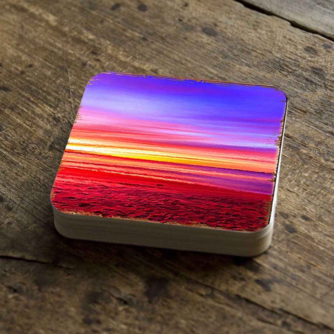 Sunset Coastal Wooden Cork Coasters Gift Set of 4 by Nature Wonders - Coastal Sea-Life Decor - 95360C-S4