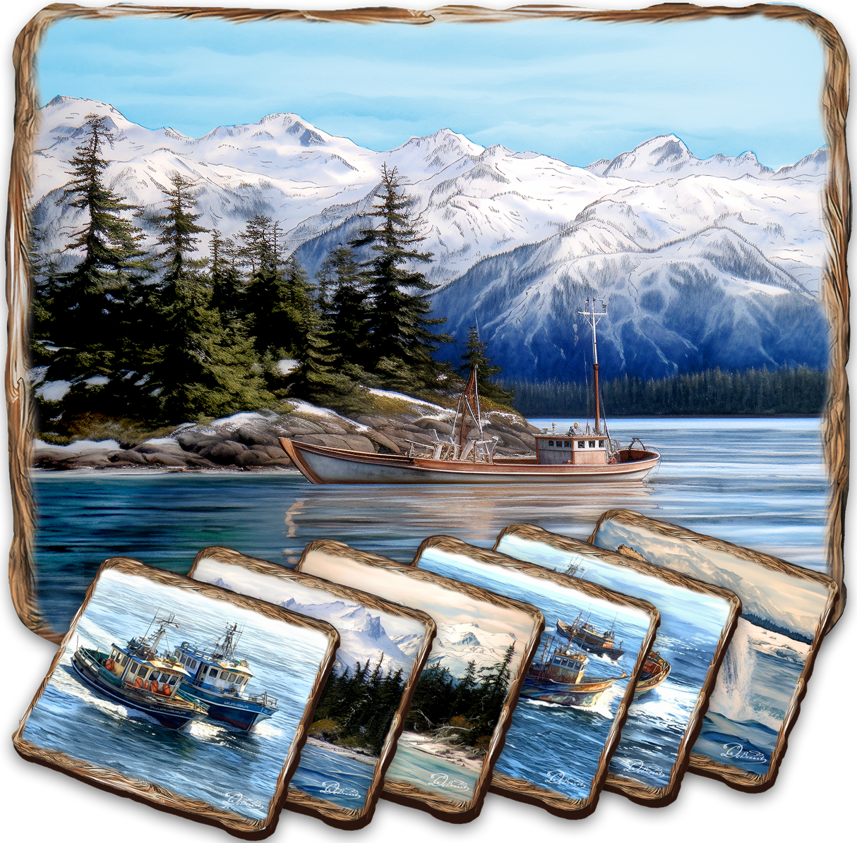 Fishing Boats Wooden Cork Placemat and Coasters Gift Set of 7 by Nature Wonders Coastal Wildlife Decor - 85405C-S7