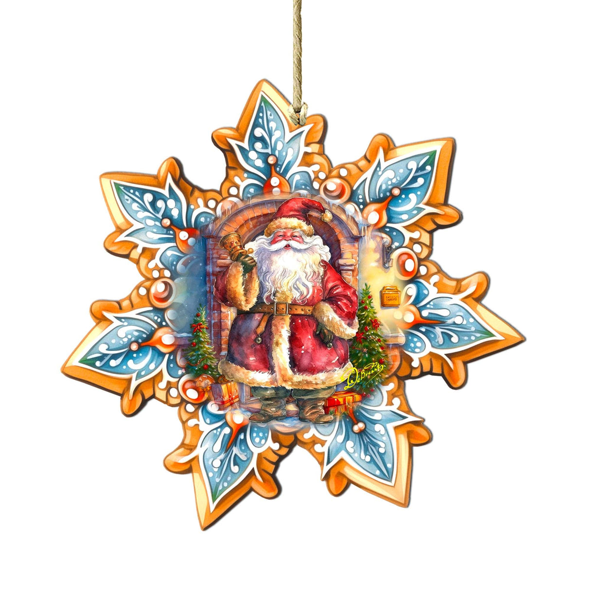 Santa with Bell Snowflake Wooden Ornaments by G. Debrekht - Christmas Santa Snowman Decor - 8688419