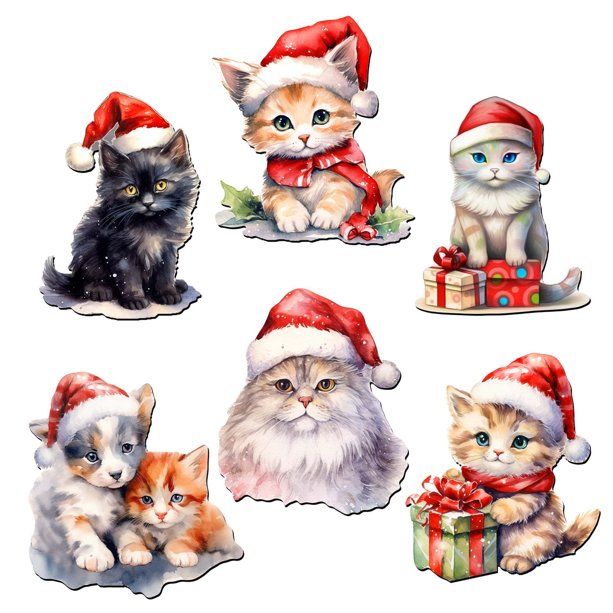 Christmas Cats Decorative Wooden Magnets Set of 6 by G. Debrekht - Pets Dog and Cat Decor - 8090016G-S6