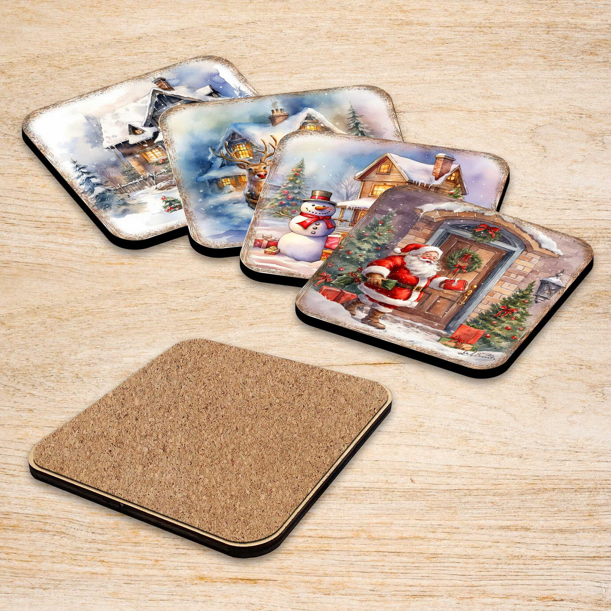 Christmas Is Here Wooden Cork Coasters Gift Set of 4 by G. Debrekht - Christmas Decor - 8199443C-S4