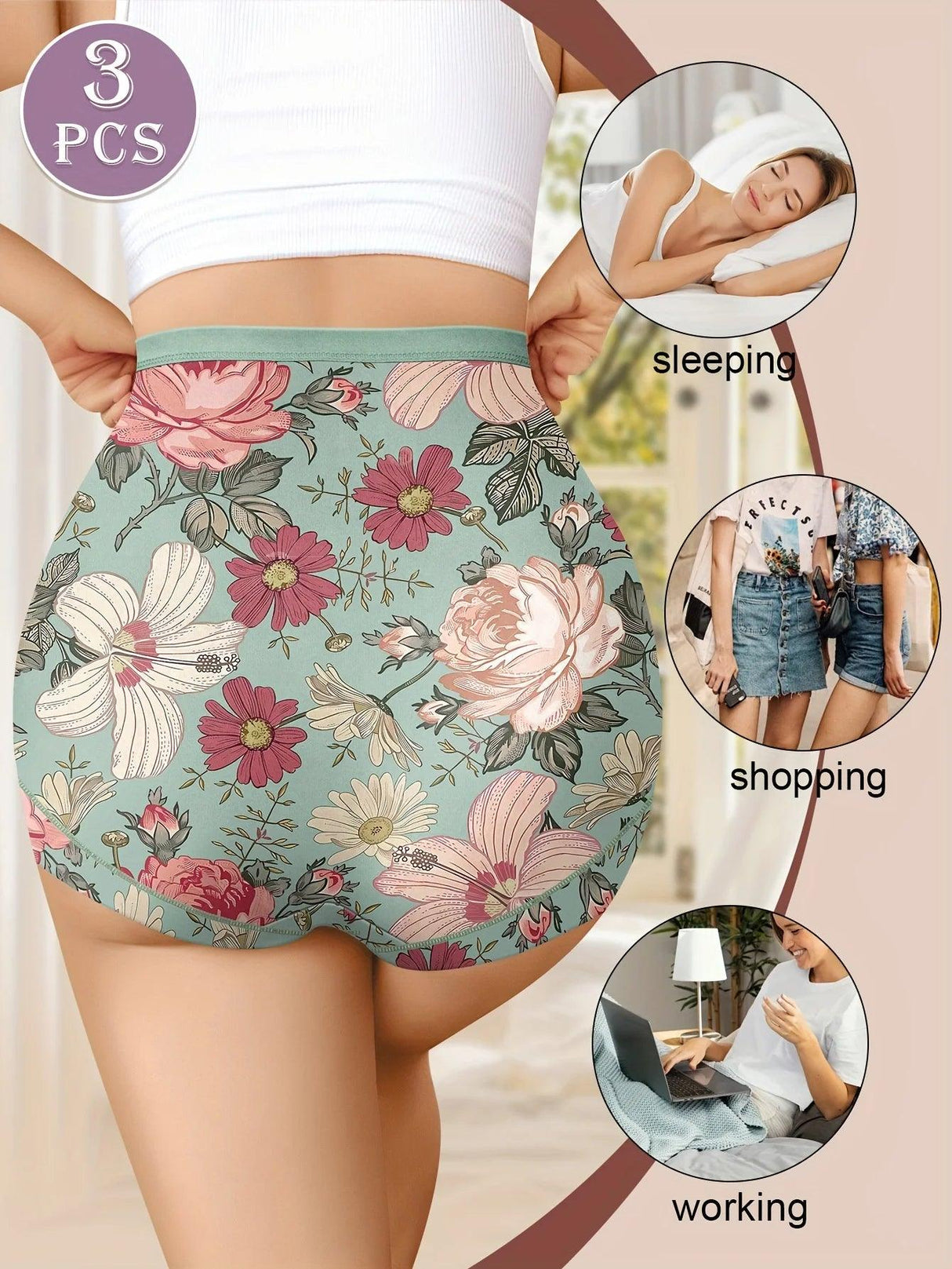3pcs High Waisted Panties Women's Panties Tummy Tightening and Hip Lifting Printed Patterns Comfortable Fit