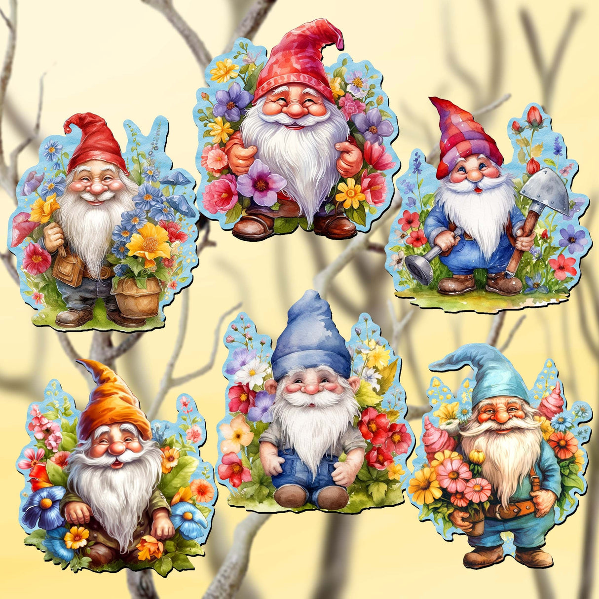 Garden Gnomes Decorative Wooden Clip-on Ornaments Set of 6 by G. Debrekht - Christmas Decor - 8090030C-S6
