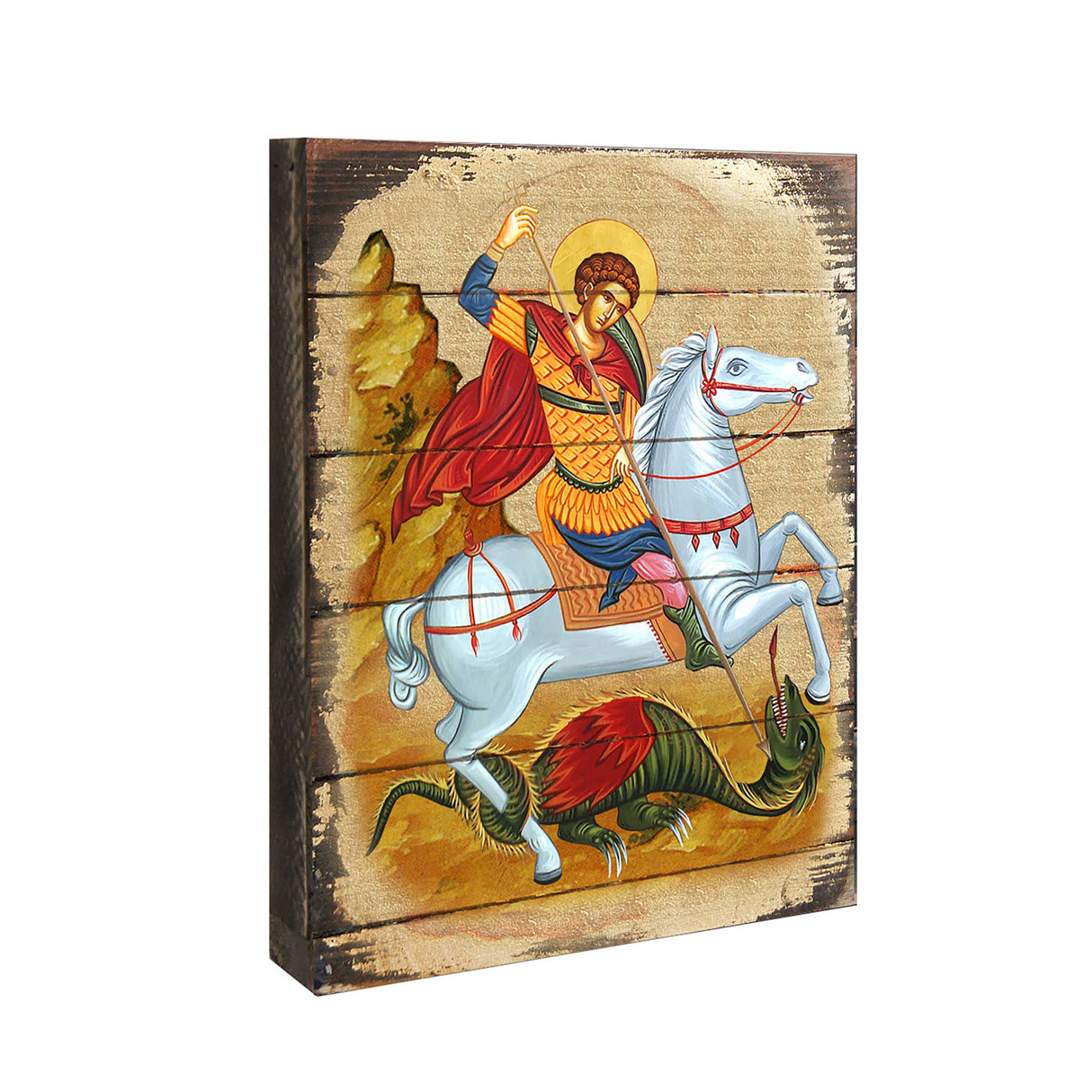 Icono sagrado ortodoxo religioso de madera de San Jorge, bañado en oro - Decoración inspiradora - 85013