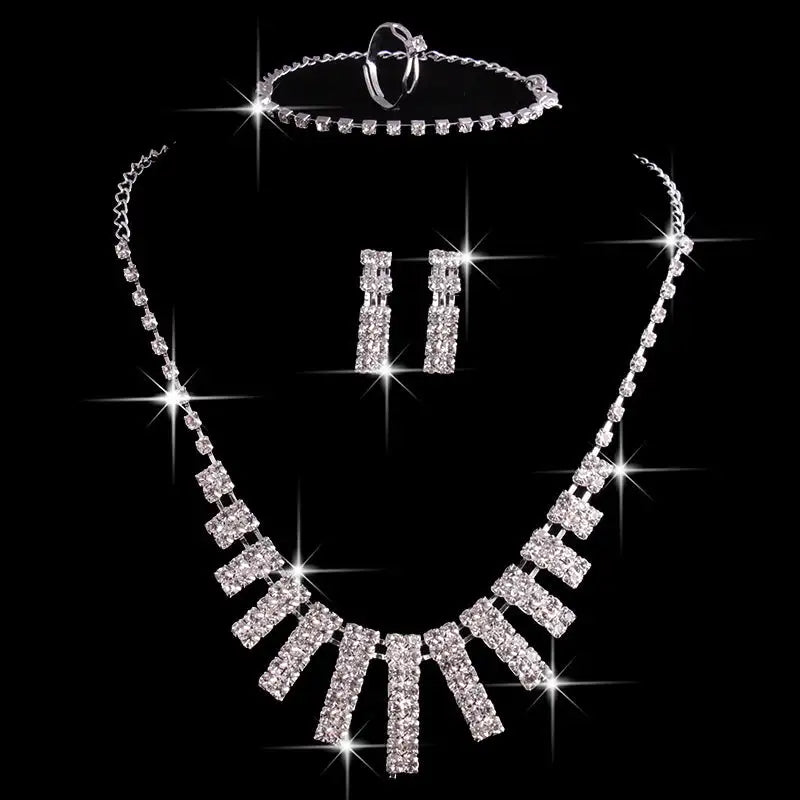 4 Pieces Rhinestones Necklace Set With Earrings Ring And Bracelet Fashion Jewelry For Women - Lootquake