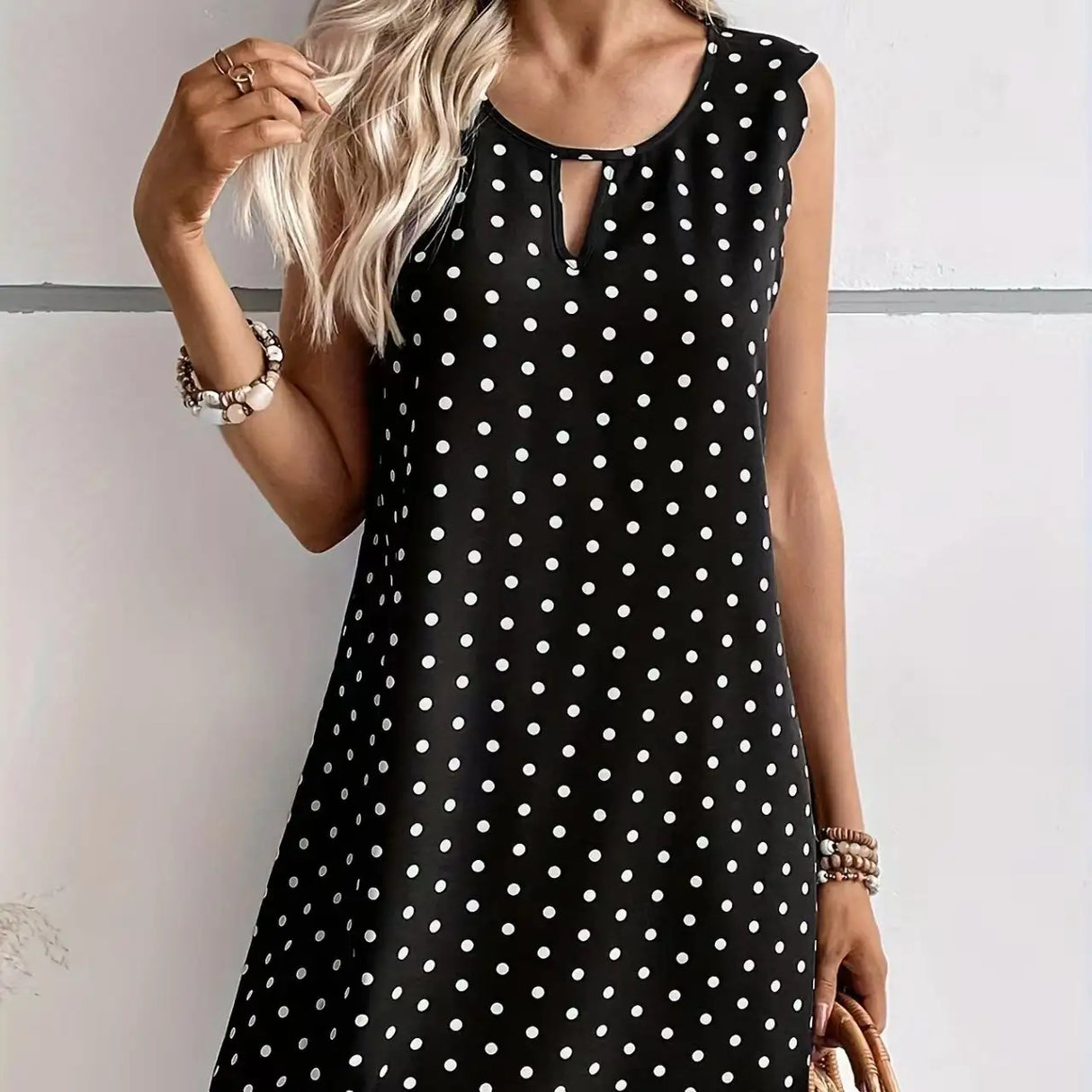 Ladies' Fashionable Casual Pullover Polka Dot Dress With Hollowed Out Collar And Round Neck Wavy Edge Skirt - Lootquake