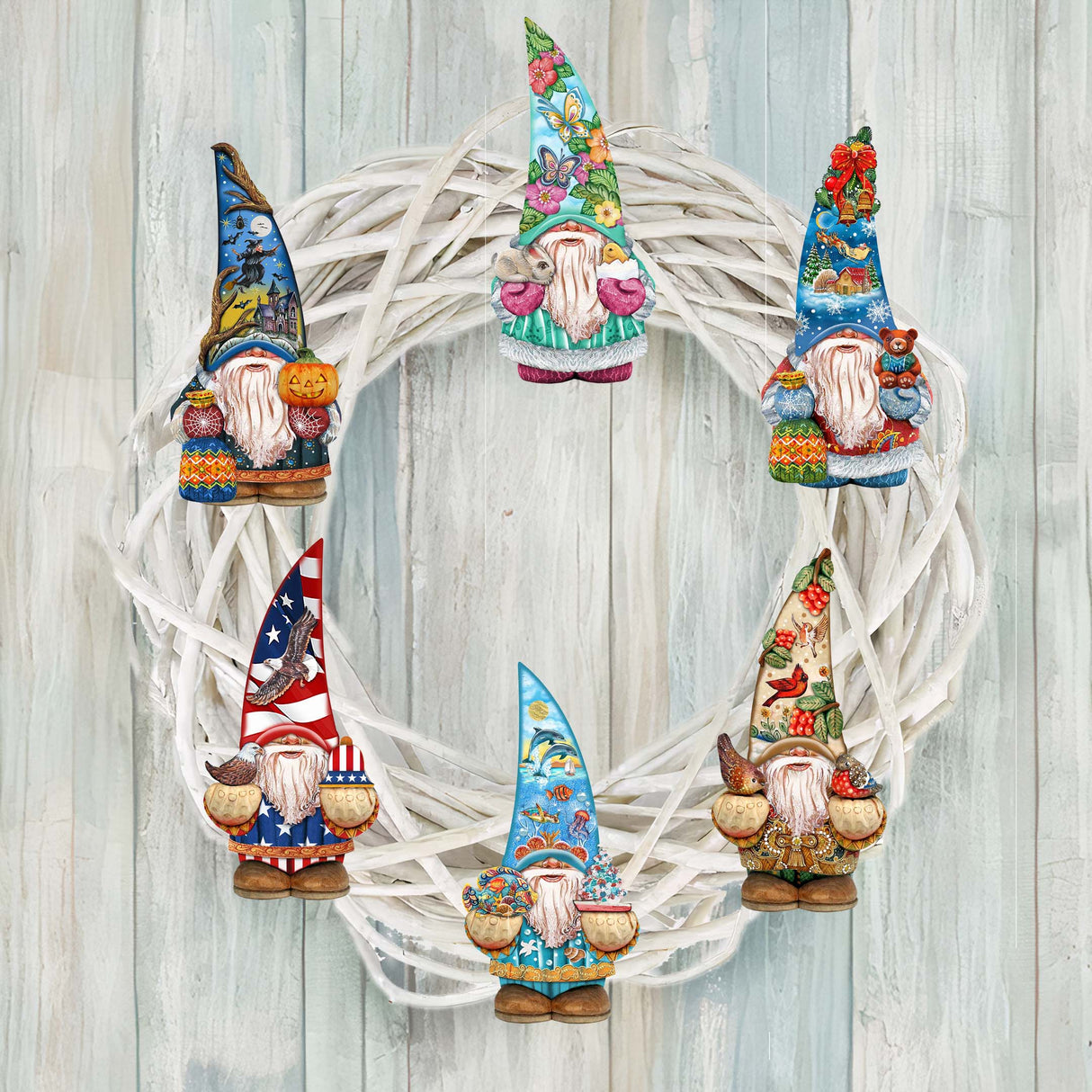 Holiday Gnomes Decorative Wooden Clip-on Ornaments Set of 6 by G. Debrekht - Christmas Decor - 8090138C-S6