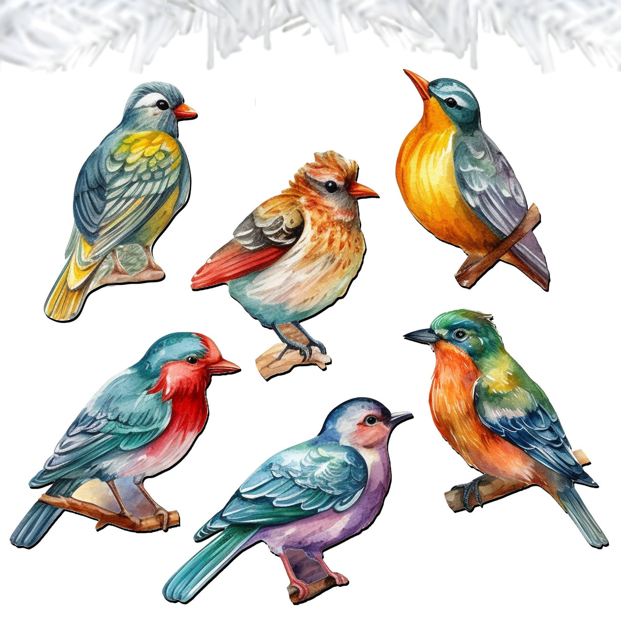 Forest birds Decorative Wooden Clip-on Ornaments of 6 by G. Debrekht - Christmas Decor - 8090015C-S6