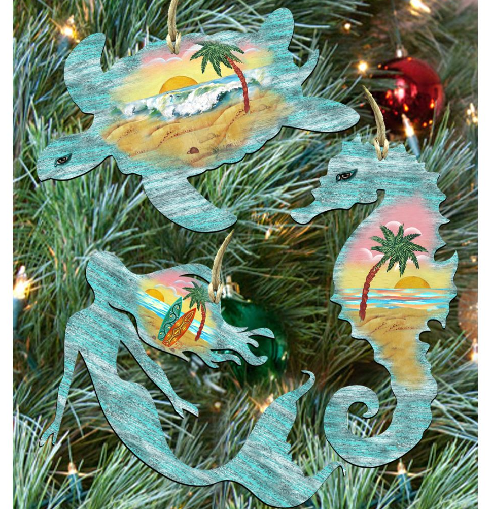 Coastal Wooden Ornaments-Sea Turtle,Mermaid,Seahorse Set of 3 by G. DeBrekht - Coastal Holiday Decor - 8100045S3