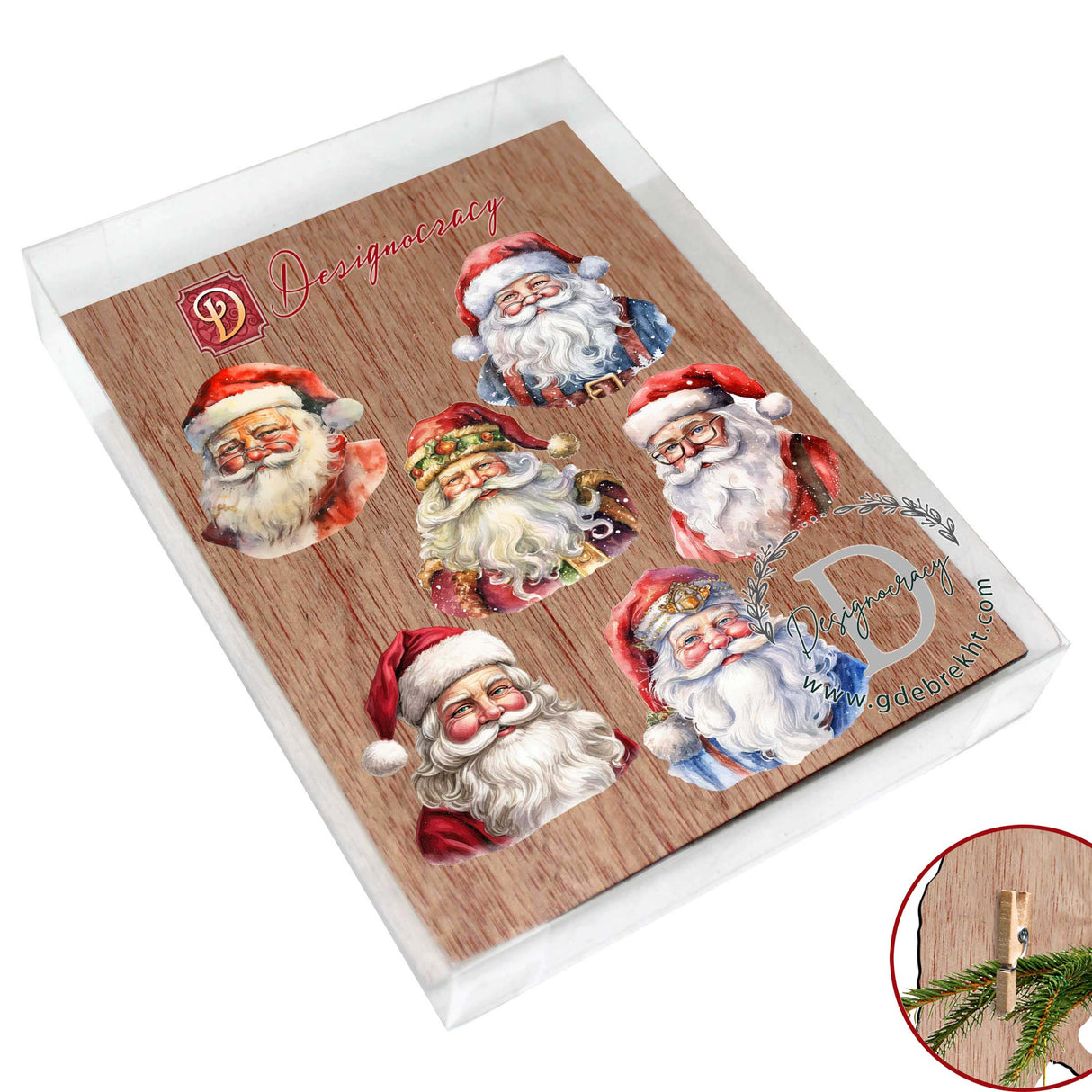 Jolly Santa Faces Decorative Wooden Clip-on Ornaments Set of 6 by G. Debrekht - Christmas Decor - 8090045C-S6