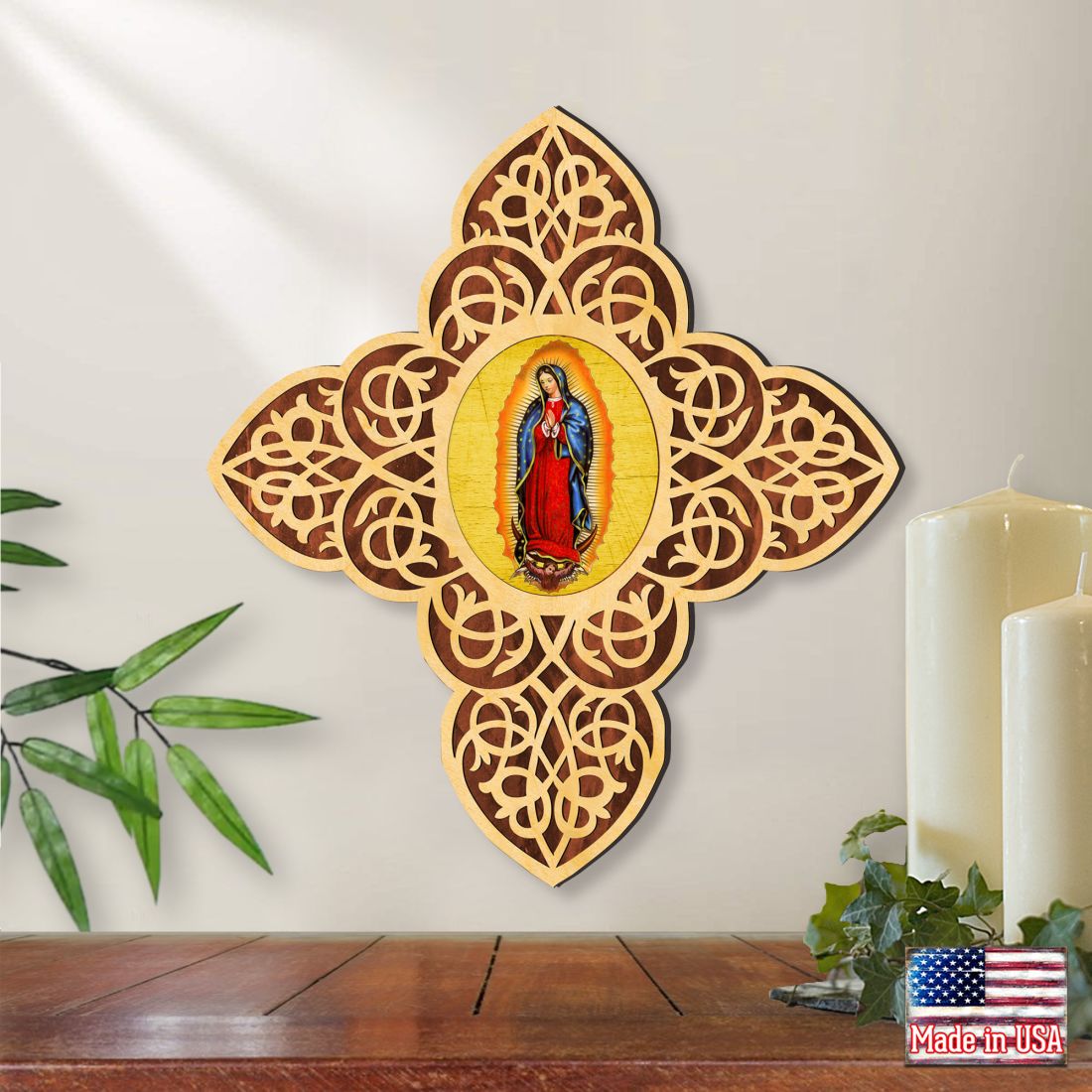 Cruz de madera de filigrana de la Virgen de Guadalupe de Museum Icons - Decoración inspiradora de iconos - 88432