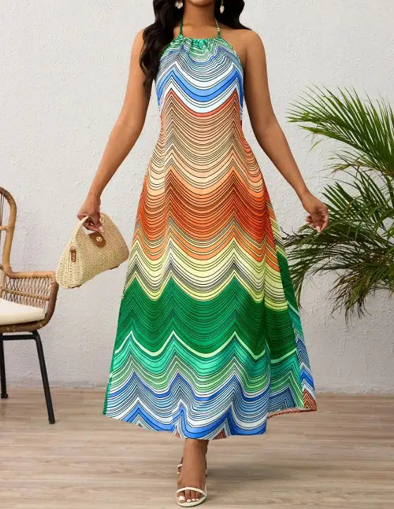 Ladies' Neck Hanging Peacock Element Printed Casual Dress - Lootquake