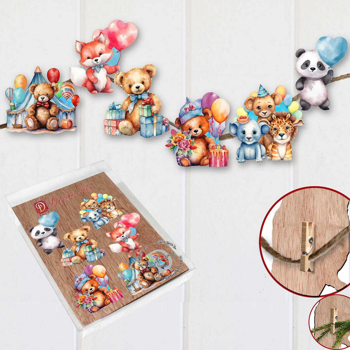 Happy Birthday Decorative Wooden Clip-on Ornaments Set of 6 by G. Debrekht - Christmas Decor - 8090035C-S6