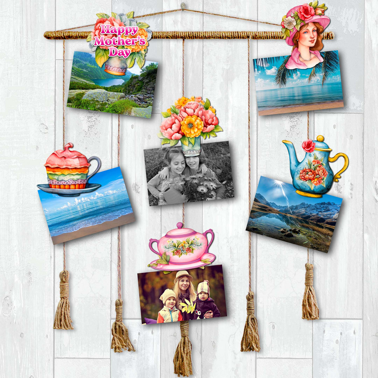 Juego de 6 adornos decorativos de madera con clip para el Día de la Madre de G. Debrekht - Love Family Decor - 8090059C-S6