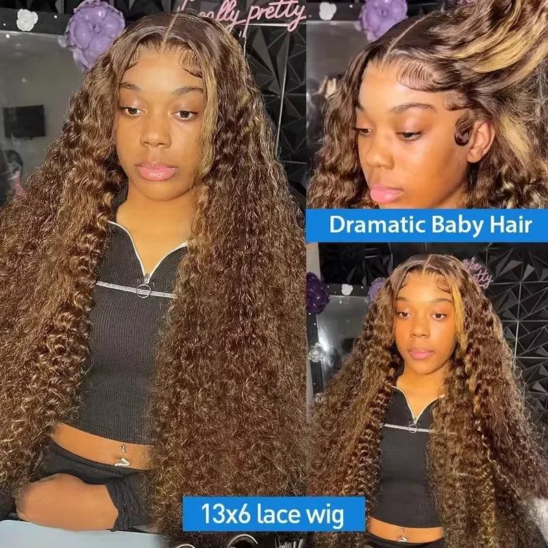 4/27 Highlight Ombre Deep Wave HD Lace Front Wig 180 Density Curly 30 nch 13x5 Brown 13x6 Lace Frontal Human Hair Wig Brazilian