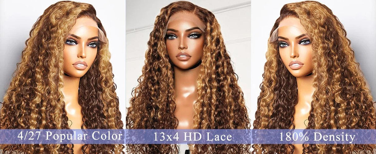 4/27 Highlight Ombre Deep Wave HD Lace Front Wig 180 Density Curly 30 nch 13x5 Brown 13x6 Lace Frontal Human Hair Wig Brazilian