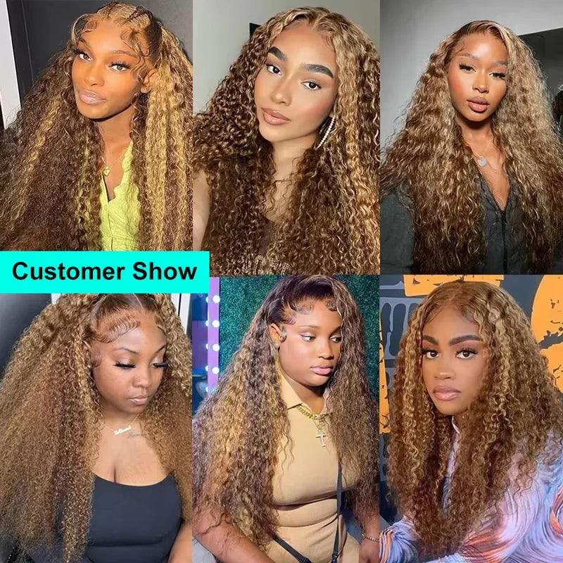 4/27 Highlight Ombre Deep Wave HD Lace Front Wig 180 Density Curly 30 nch 13x5 Brown 13x6 Lace Frontal Human Hair Wig Brazilian