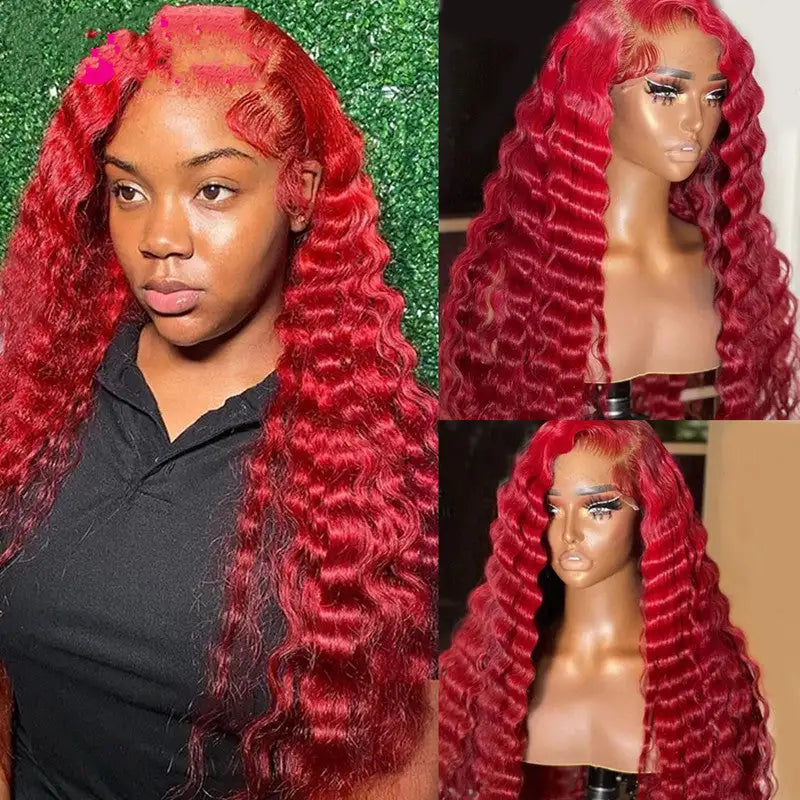 Red Deep Wave Human Hair Wig Real Headgear - Lootquake